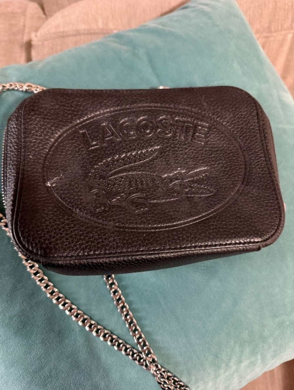 Lacoste Black Pebbled Leather Crossbody with Silver Chain